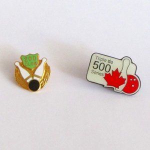 2 Vintage Bowling Lapel or Hat Pins Tie Tack 200 500 AWARD Sports Pinback